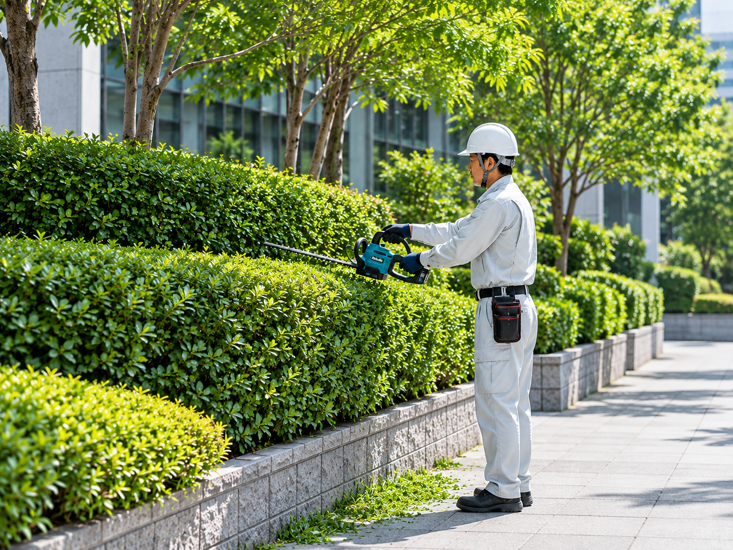 バッテリー式ヘッジトリマーで植栽を管理する作業員のイメージ