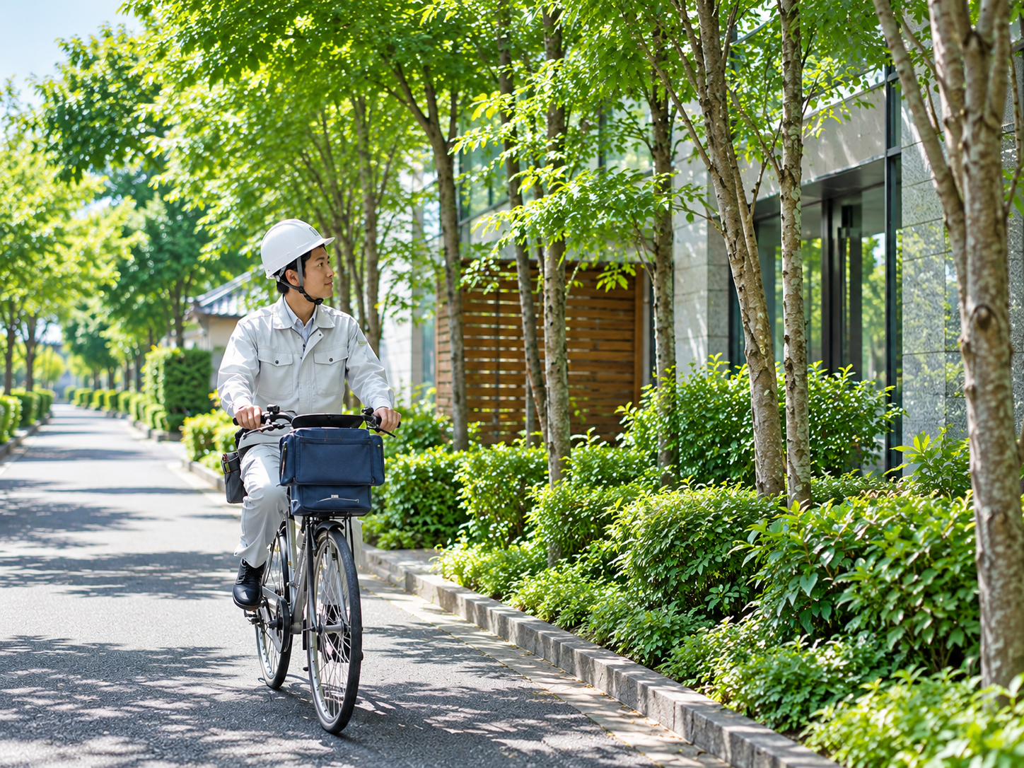 緑の多い地域を自転車で移動する作業員のイメージ