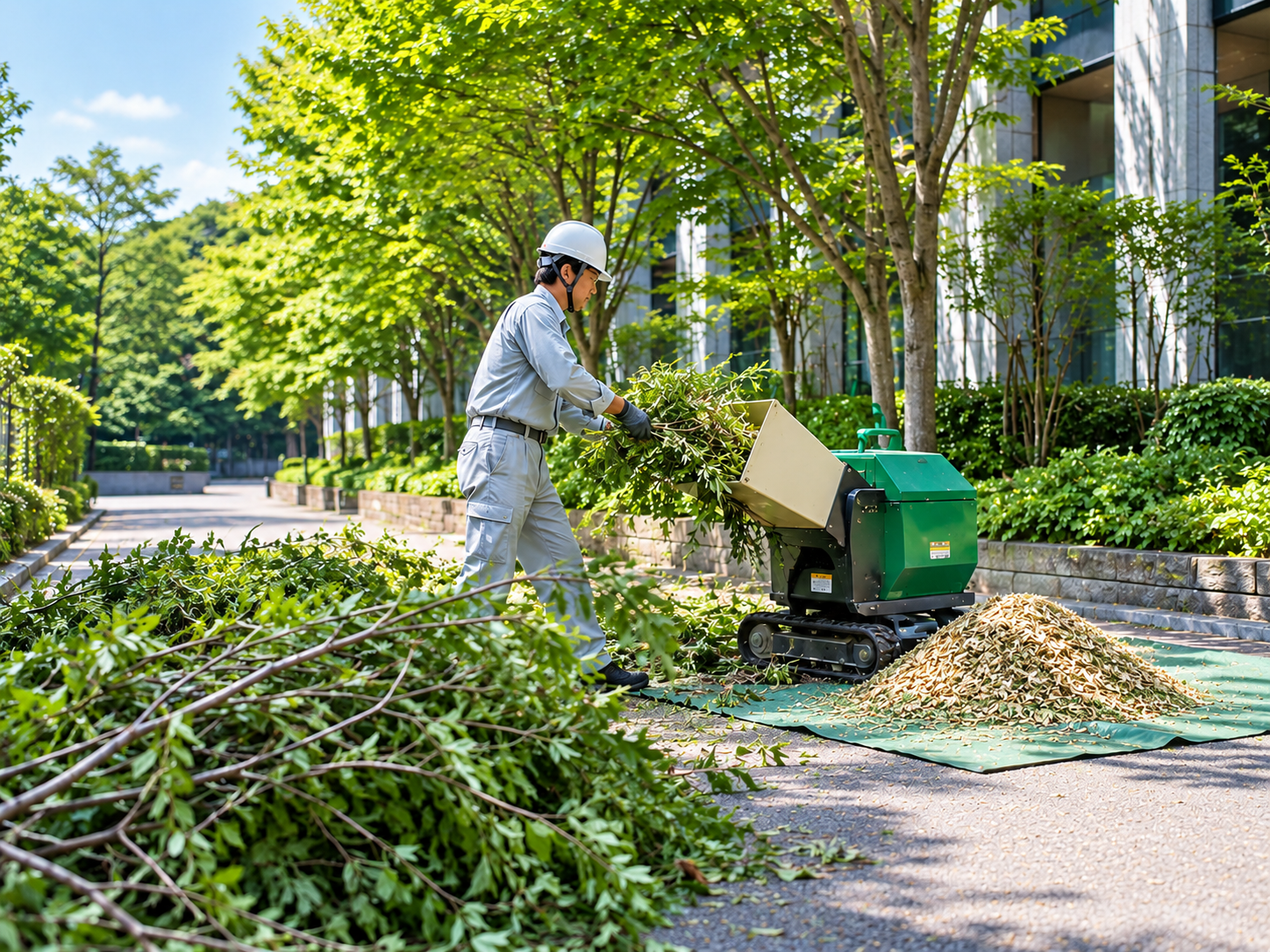 剪定枝をチッパーで処理する作業のイメージ