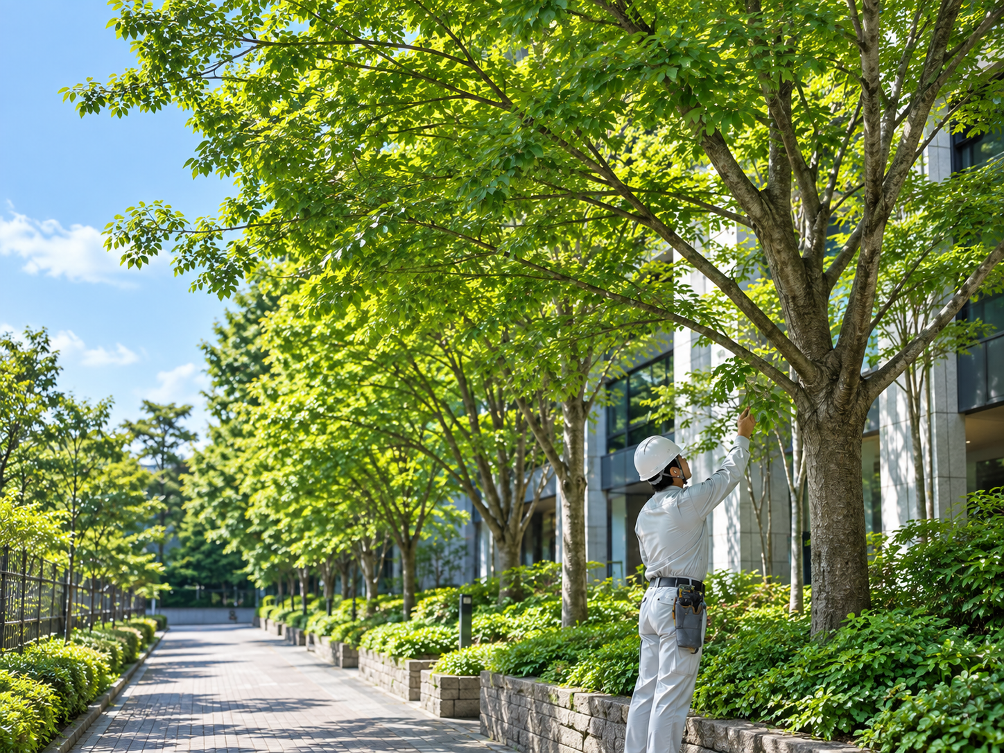 樹木の木陰が広がる建物沿いで樹木を確認する作業員のイメージ
