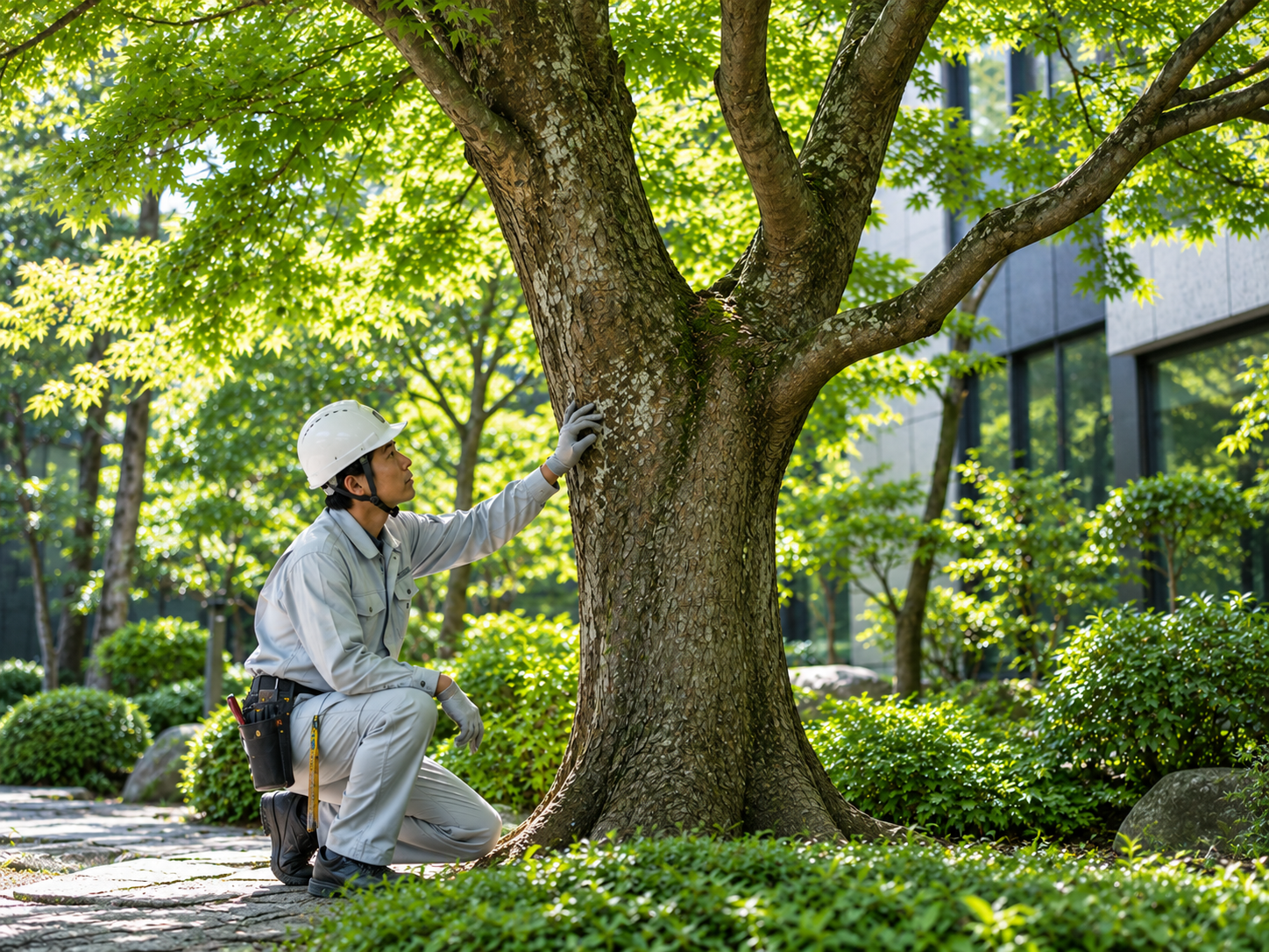 大きな樹木の幹を点検する作業員のイメージ