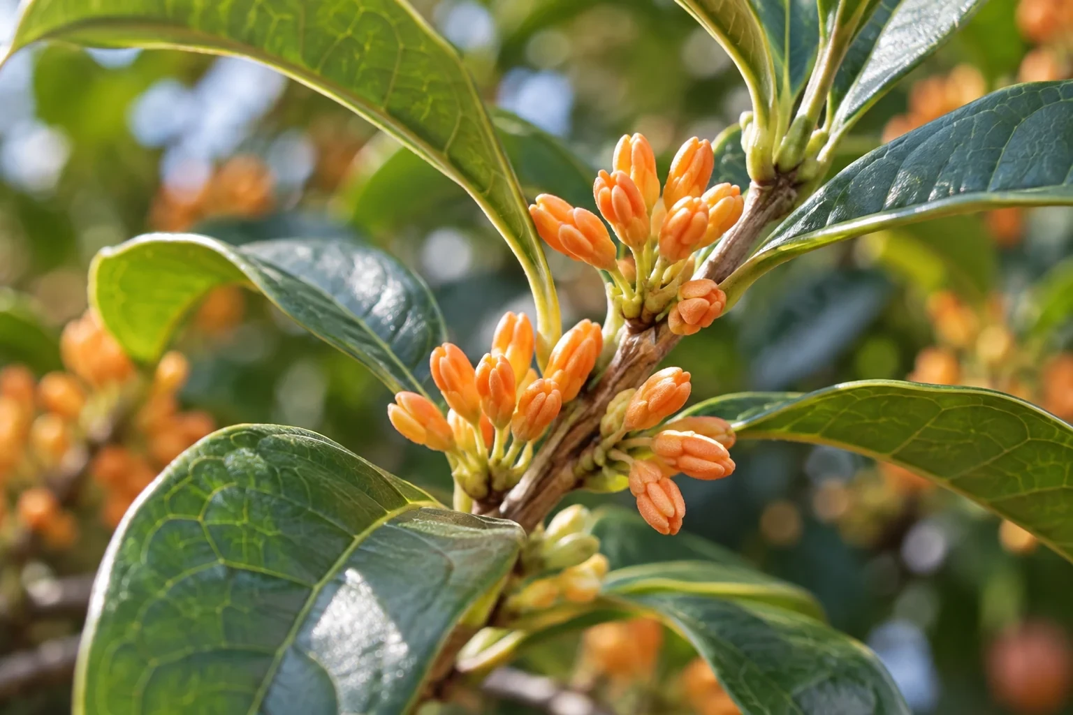 キンモクセイの葉の付け根でふくらみ始めた橙色の花芽