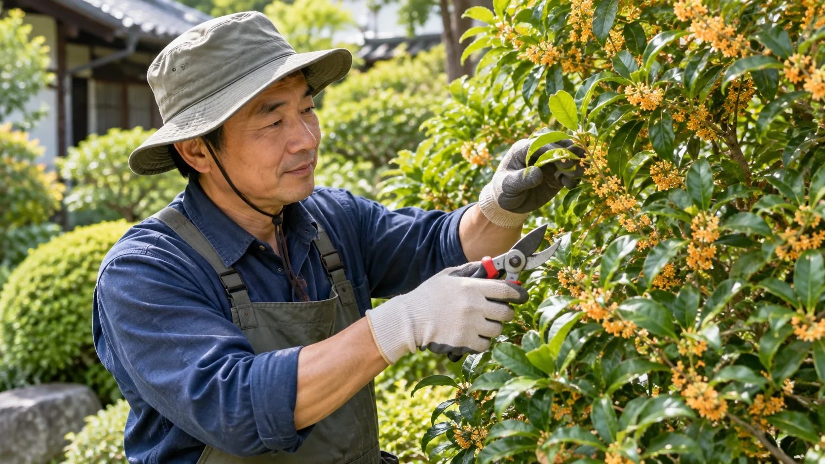 キンモクセイの枝や花を確認しながら剪定する庭師