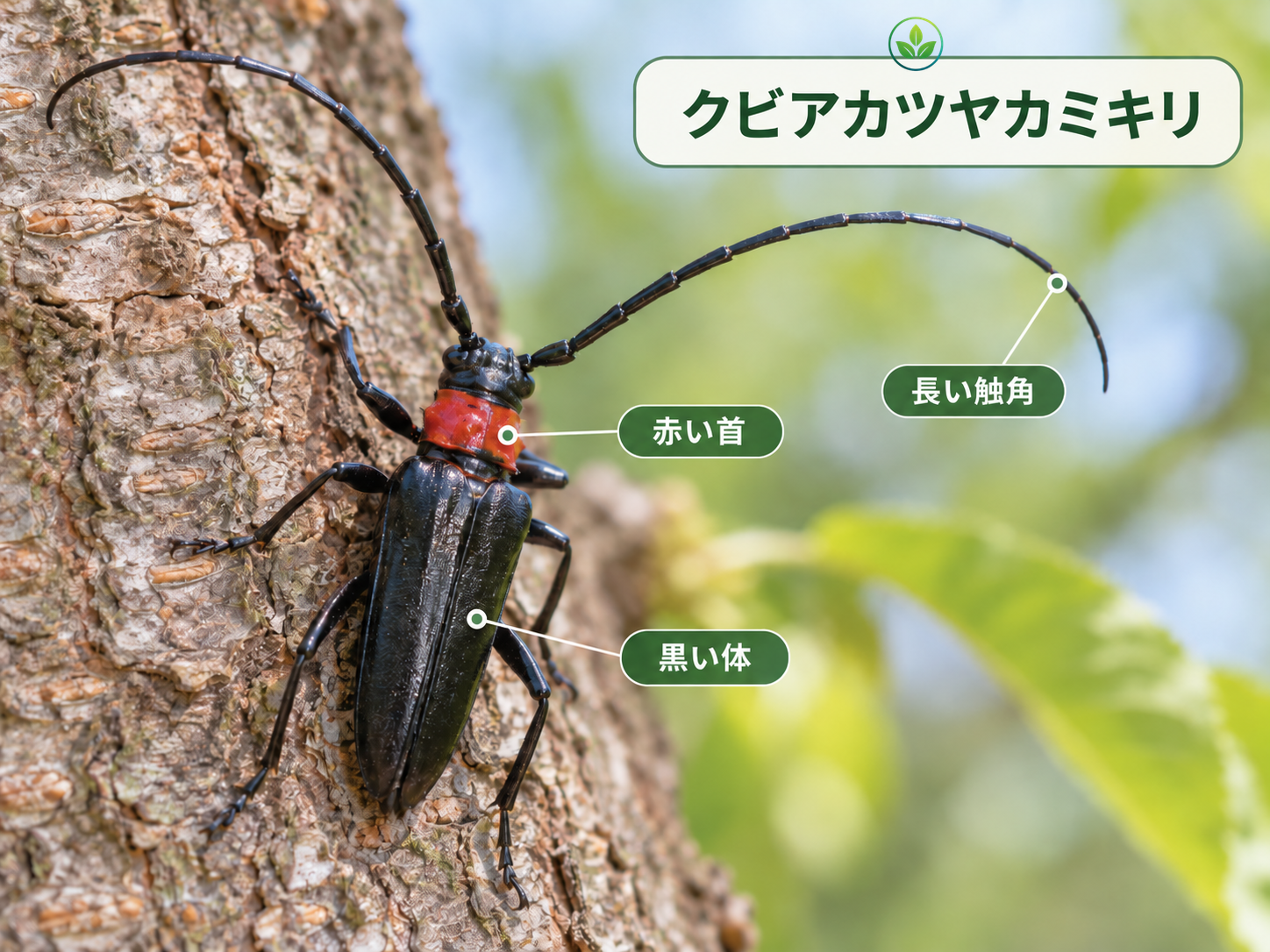 クビアカツヤカミキリの黒い体、赤い首、長い触角を示す参考イメージ
