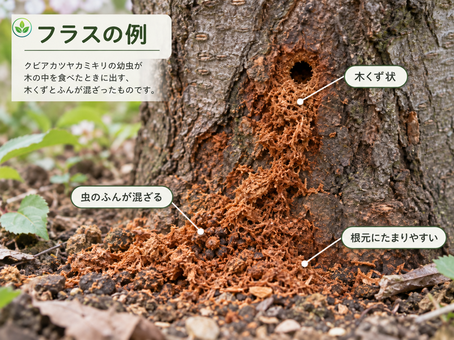 クビアカツヤカミキリ被害で見られるフラスの参考イメージ