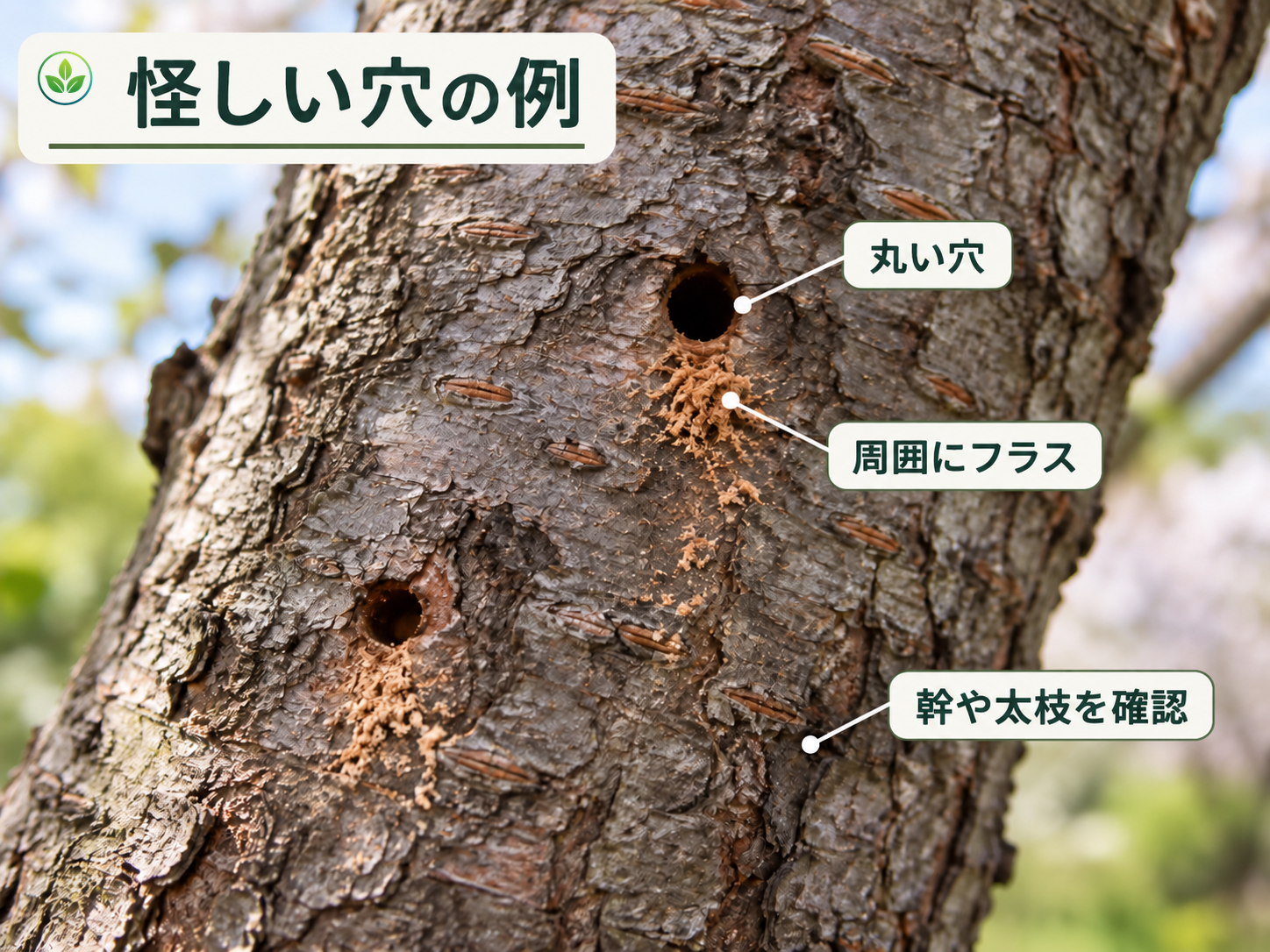 樹幹に見られる怪しい穴と周囲のフラスの参考イメージ
